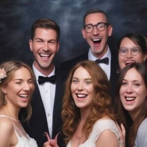 Guests laughing in front of a framed backdrop at a Wards Photo Booths wedding event
