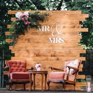 Rustic Wedding Photo Booth Backdrop with Mr & Mrs Chairs