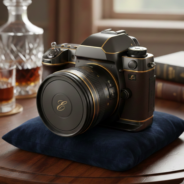 A luxury matte black and gold DSLR camera resting on a navy blue velvet cushion.