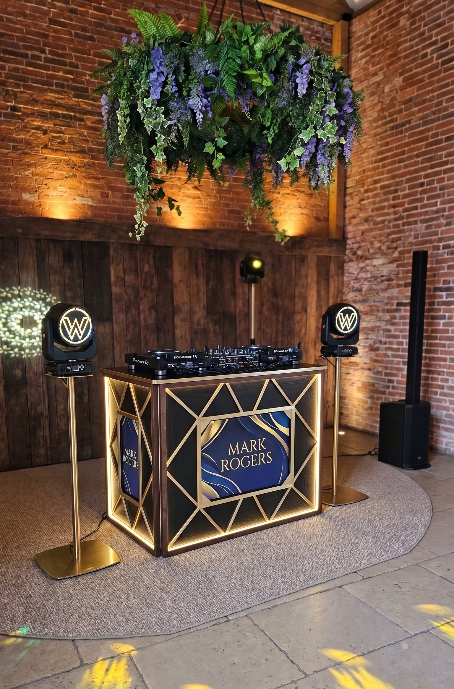 Mark Rogers wedding DJ Wolverhampton starlit DJ booth facade setup with moving head lights
