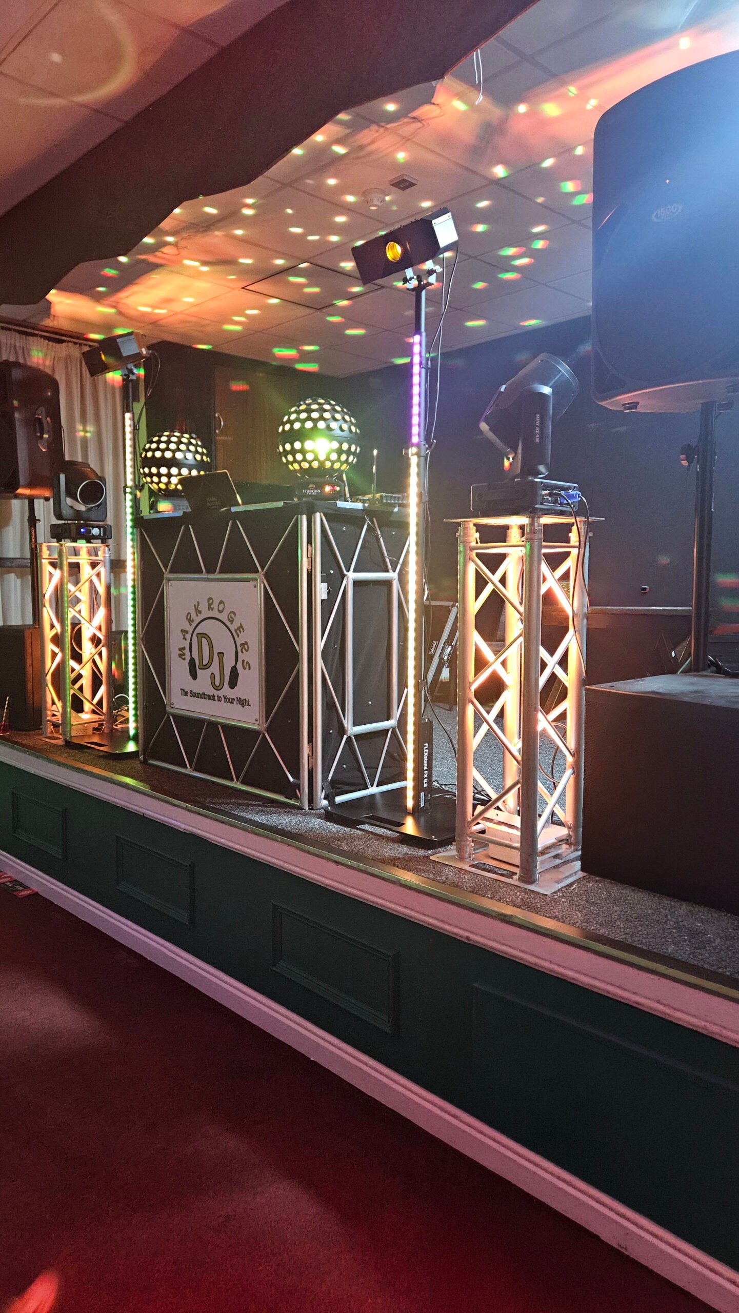 Mark Rogers mobile DJ setup with professional sound and wedding lighting