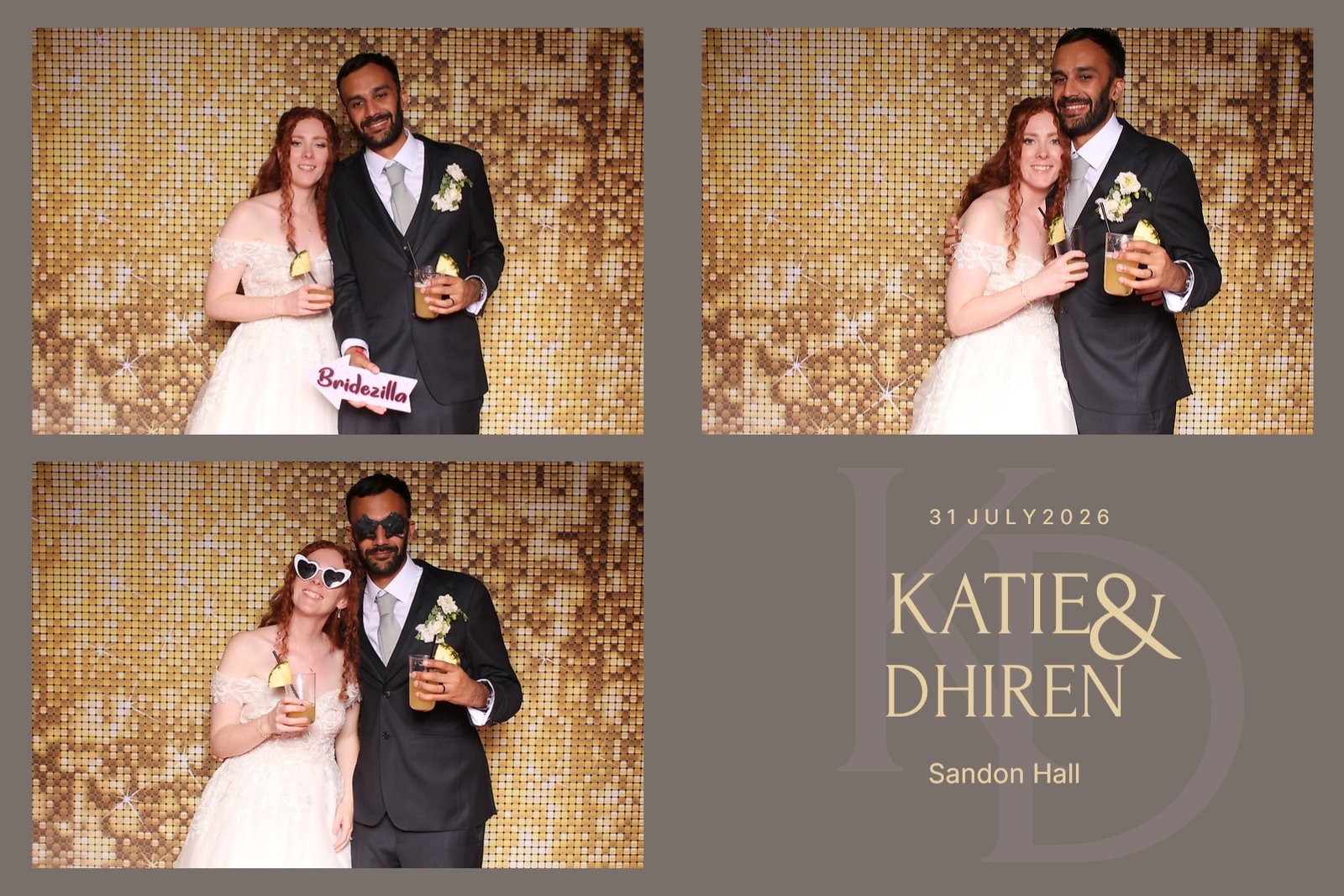 Custom personalized 6x4 wedding photo booth print layout featuring three poses at Sandon Hall