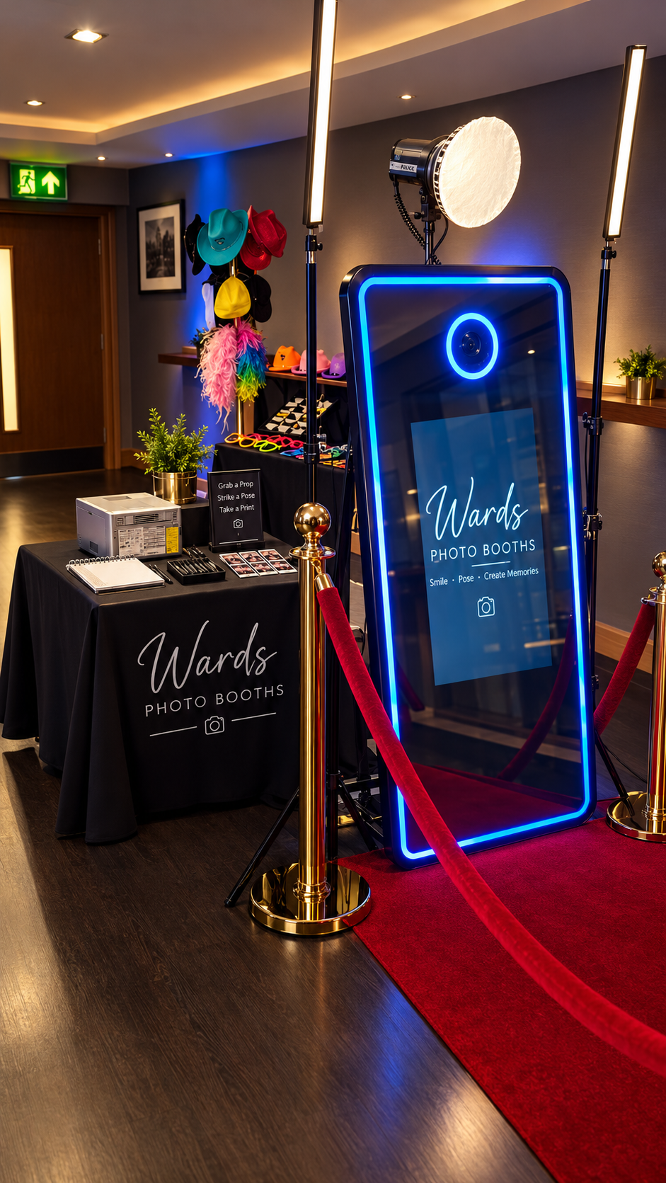 Wards Photo Booths interactive LED Magic Mirror setup with red carpet, VIP stanchions, studio flash lighting, and prop table