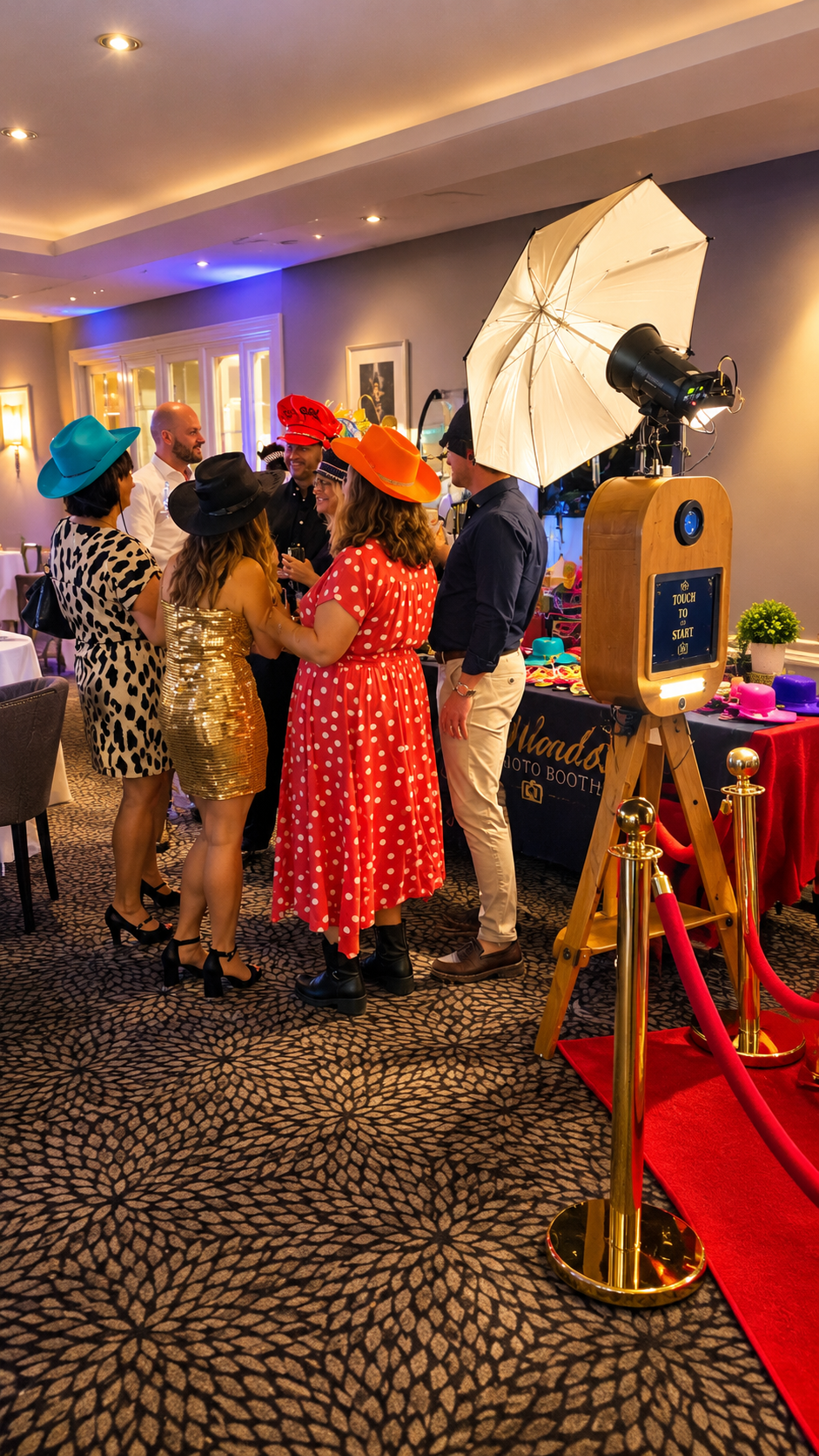 Wedding guests wearing fun prop hats gathering around a Wards Photo Booths retro wooden tripod pod booth