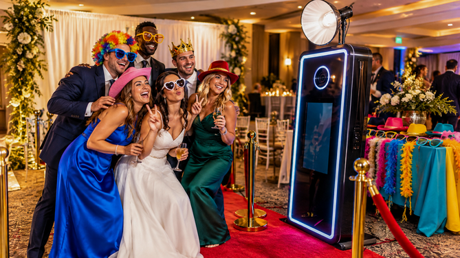 Guests posing with fun props, hats, and glasses at a modern mirror photo booth during a wedding reception.